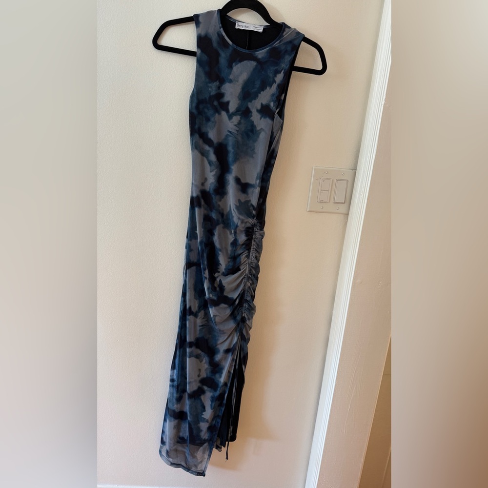 Bershka Navy and Gray Tie-Dye Ruched Maxi Skirt